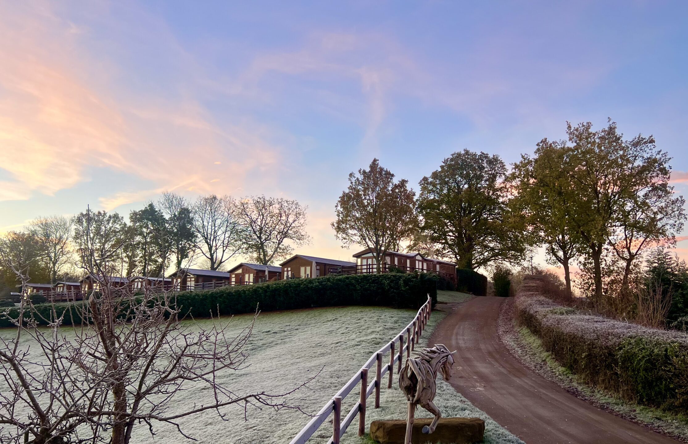 A Frosty morning photo of holiday lodges at bank farm holiday park